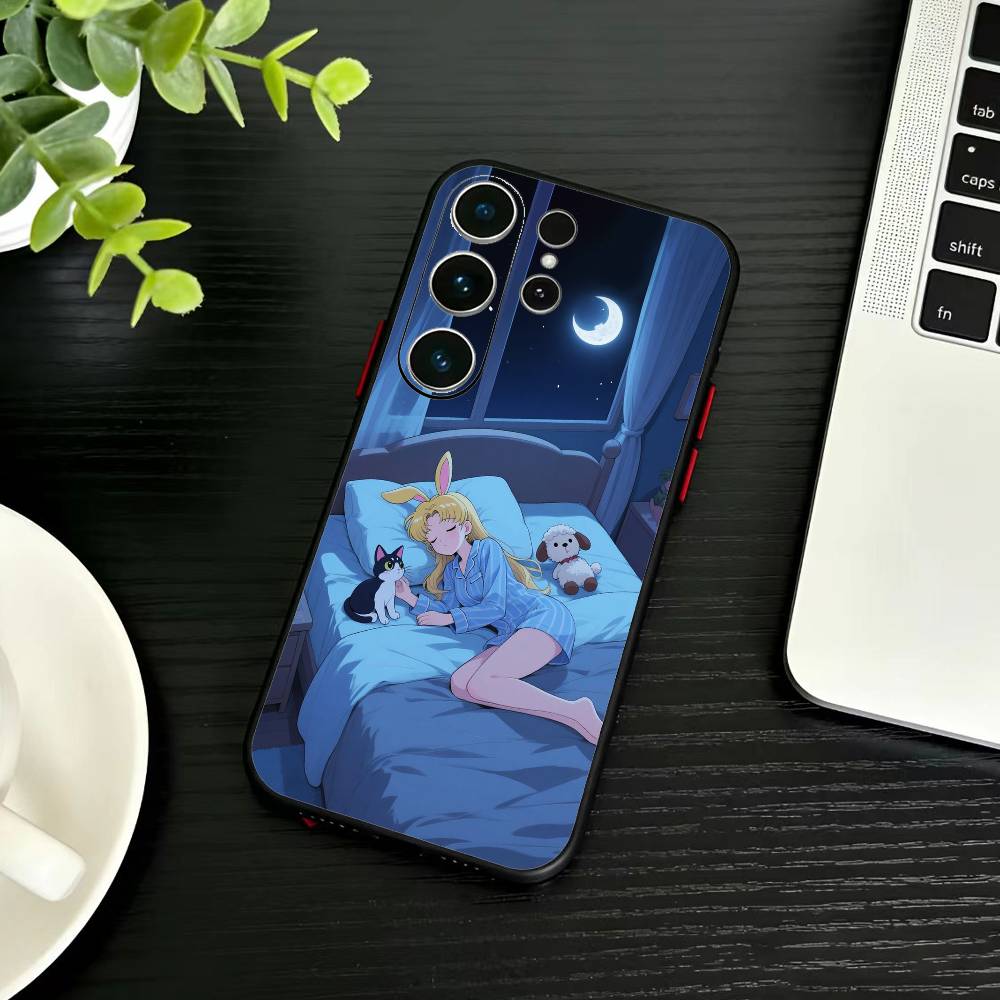 Kreslený kryt na telefon I-Sailor M-Moon pro Samsung S26, S25, S24, S23, S22, S30, S21, Ultra, Plus, FE 5G Černý měkký kryt