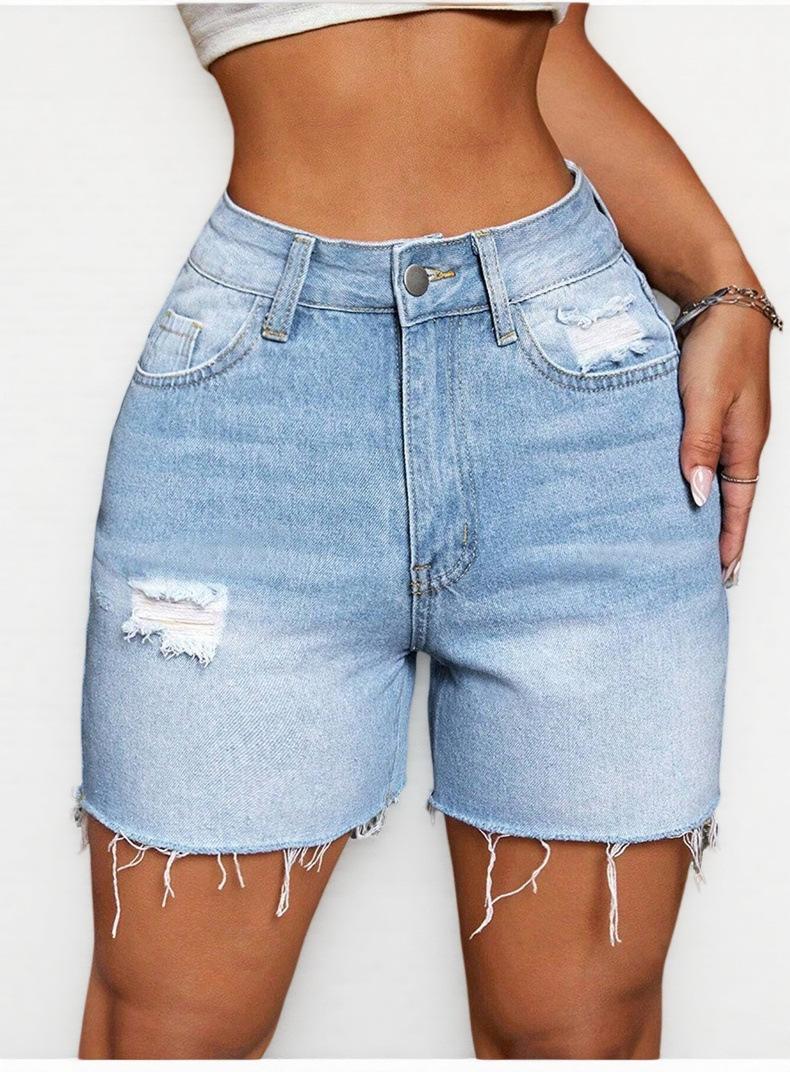 Women Light Blue Distressed Denim Shorts High Waisted Frayed Hem Casual Bermuda Shorts S