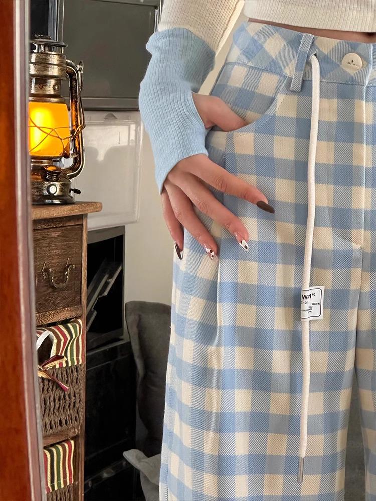 2024 Trendy Blue Plaid High-Waisted Wide-Leg Casual Pants for Women