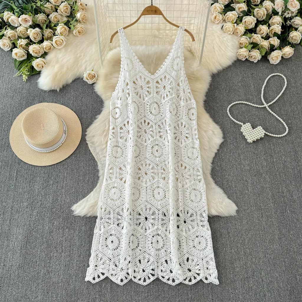 DIMANAF 2025 New Dress Women Knitting Lace Long Hollow Out Sexy Vest O-Neck Hollow Summer Style Tops Tees Loose Basic