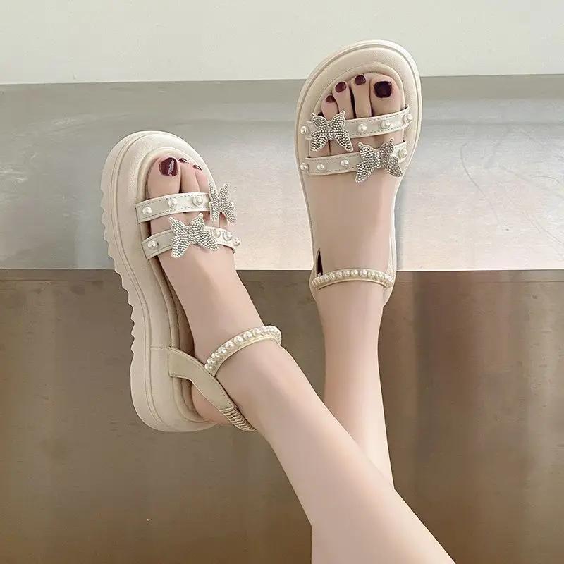 Fashion Sandals for Women Pearl Diamond Korea Sandal Luxury Summer Asian Size Woman Shoes Vintage Comfortable and Elegant 2025 Footwear