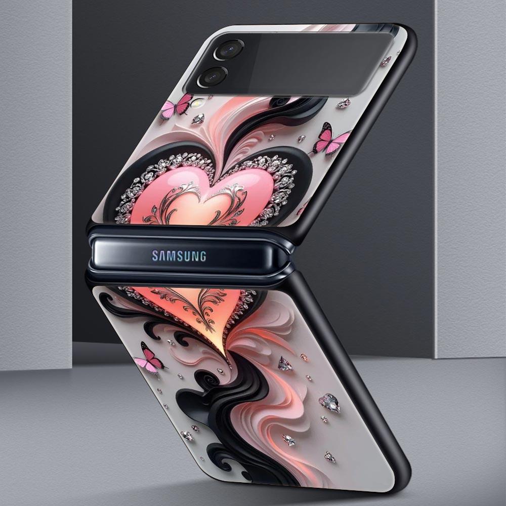 Colored Love Heart Printed Hard PC Phone Case For Samsung Galaxy Z Flip 7 6 5 4 Black Cover For Galaxy Z Flip 3 Foldable Fundas