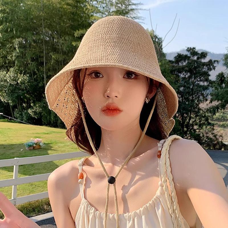 Korean Style Fashion Fisherman Hat Thin Shawl Sun Hat Korean Style Straw Woven Breathable Foldable Hollow Beach Fisherman Hat