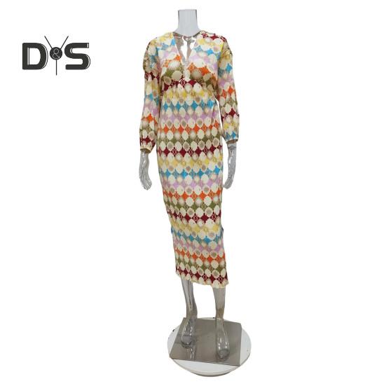 Women Dress Colorful Print Deep V Neck Long Lantern Sleeves Loose Waist Bohemian Style Vacation Shopping Dating Maxi Dress