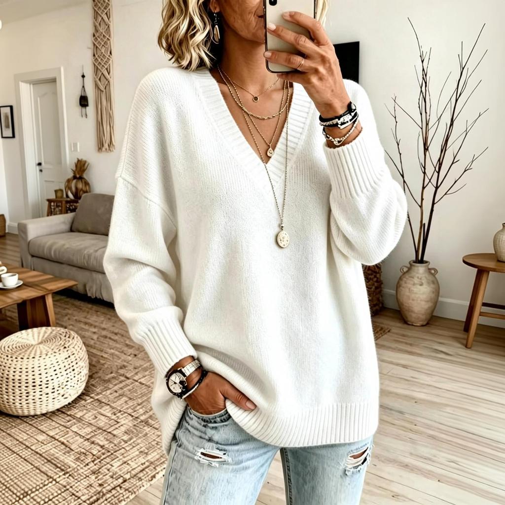 Women's Loose Fit V-Neck Knit Sweater Casual Versatile Top for Everyday Wear