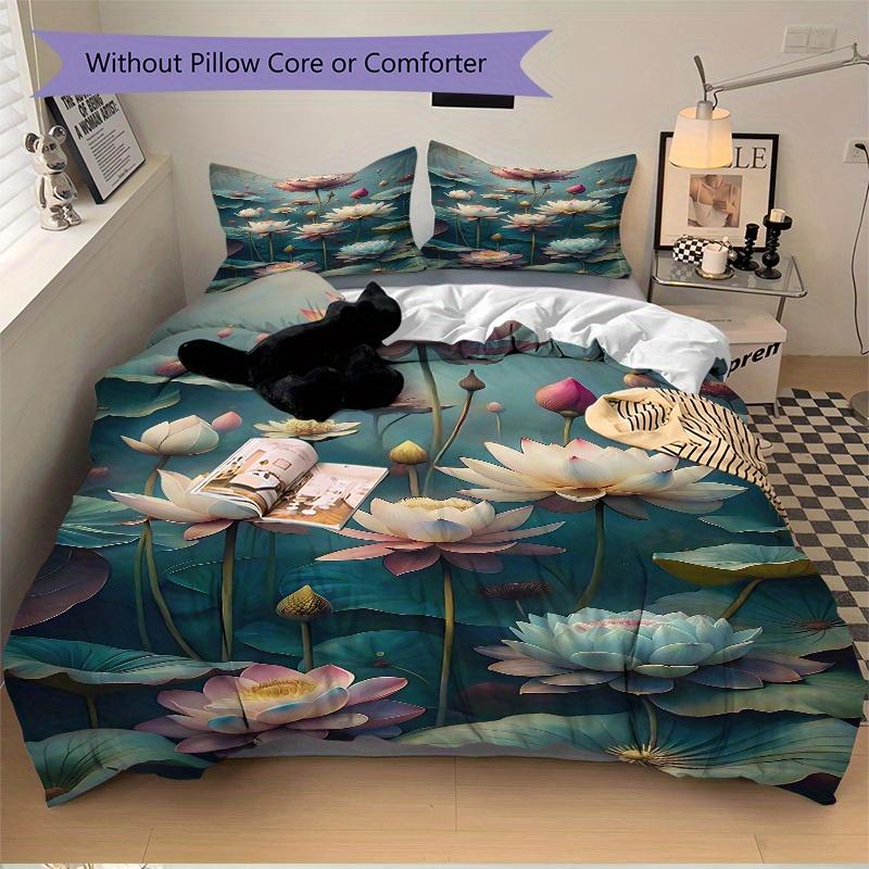 3pcs Lotus Pond Soft Comfortable Bedding set, For Bedroom, Guest Room And Dorm, All - Season Use, High-Definition Printing149