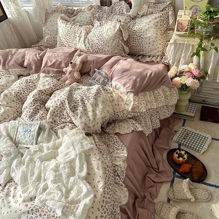 New Korean Princess Style Floral Ruffles Bedding Set Skin-Friendly Soft Duvet Cover Set Bed Sheet Or Bed Skirt Pillowcases