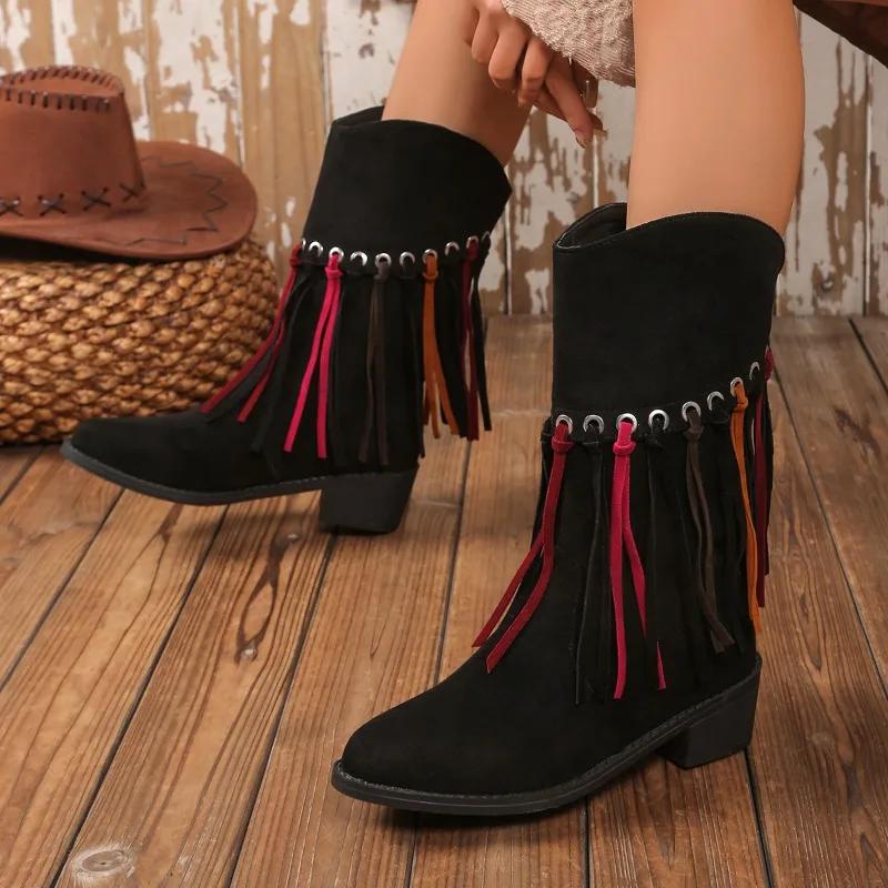 2024 Winter New Tassel Design Bohemian Style Women's Mid Calf Boots Large Size Fashion Pointed Toe Faux Suede Boot Zapatos Mujer