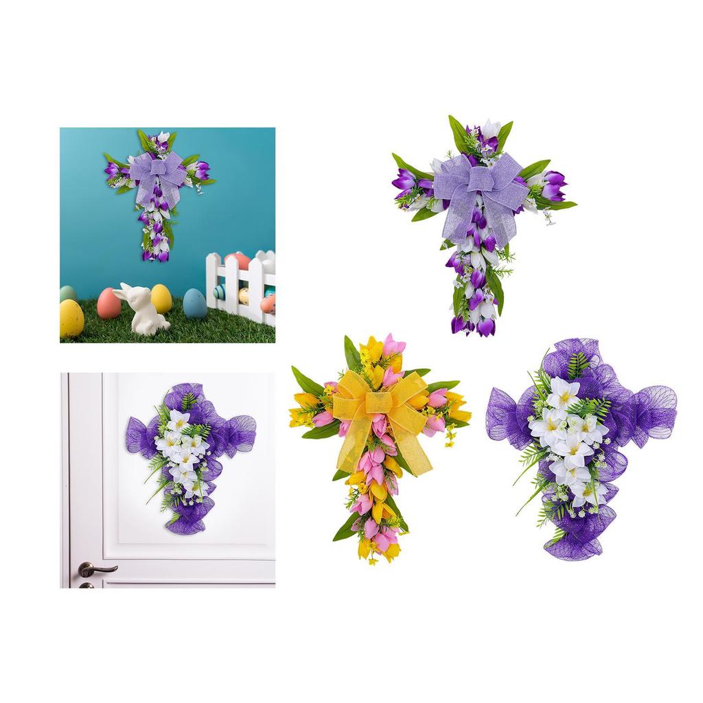 Artificial Flower Wreath Garland Hanger Easter Cross Wreath Tulip Door Wreath for Festival Front Door Indoor Window Housewarming