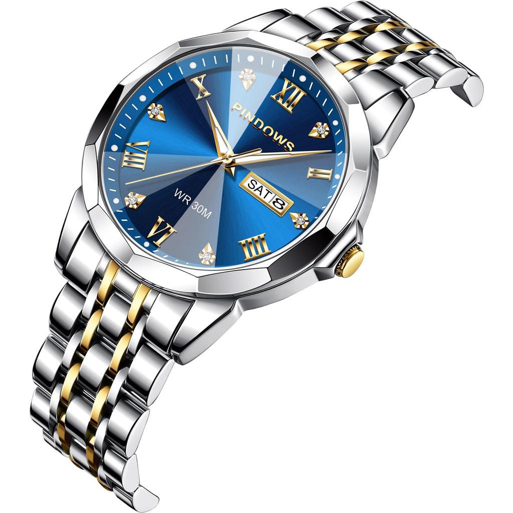 PINDOWS Diamant Business Kleid Analog Quarz Luxus Wasserdicht Leuchtend Datum Edelstahl Klassische Modeuhr Herrenuhr, Anzeige, Zweifarbig