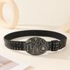 Leather Belt Punk With Hollow Rivet Decor And Letter Design Circular Buckle