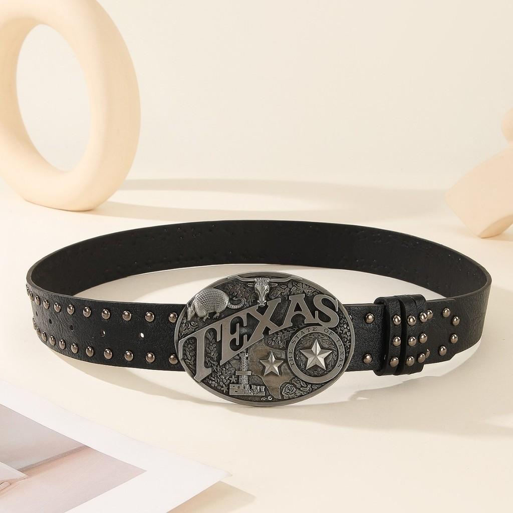 Leather Belt Punk With Hollow Rivet Decor And Letter Design Circular Buckle