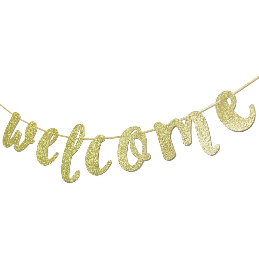 Welcome Gold Glitter Hanging Sign Banner- First Day of School, Classroom, Wedding, House, Home Decor (Gold)