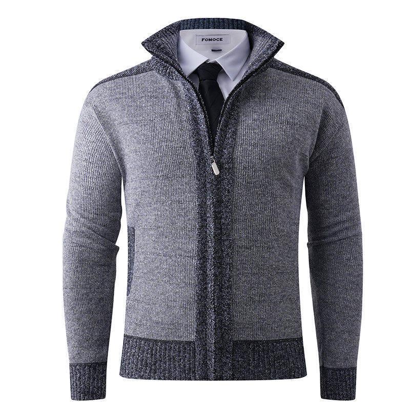 2025 Men's Solid Color Knit Zipper Cardigan - Thick Plus Velvet Coat for Autumn & Winter