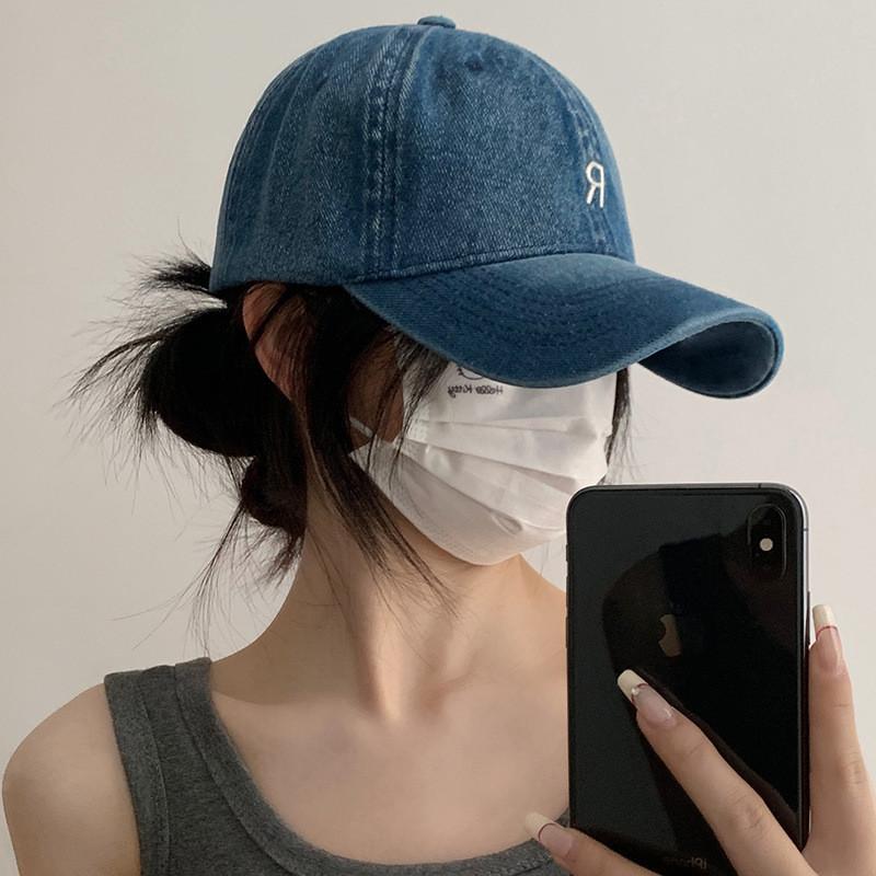 Korean R Letter Embroidered Denim Baseball Cap Widebrim Adjustable Hat Summer