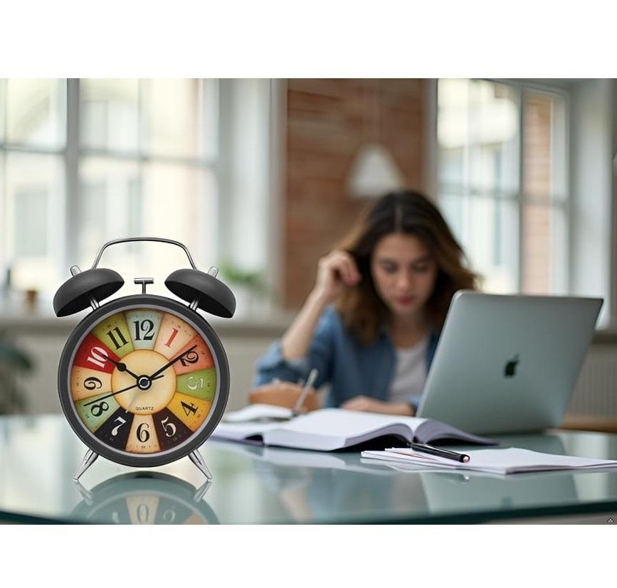 Table Clock Retro Twin Bell Metal Frame Alarm Clock with Night Backlight Function & Silent Motion, Bedside Luminous Alarm for Students