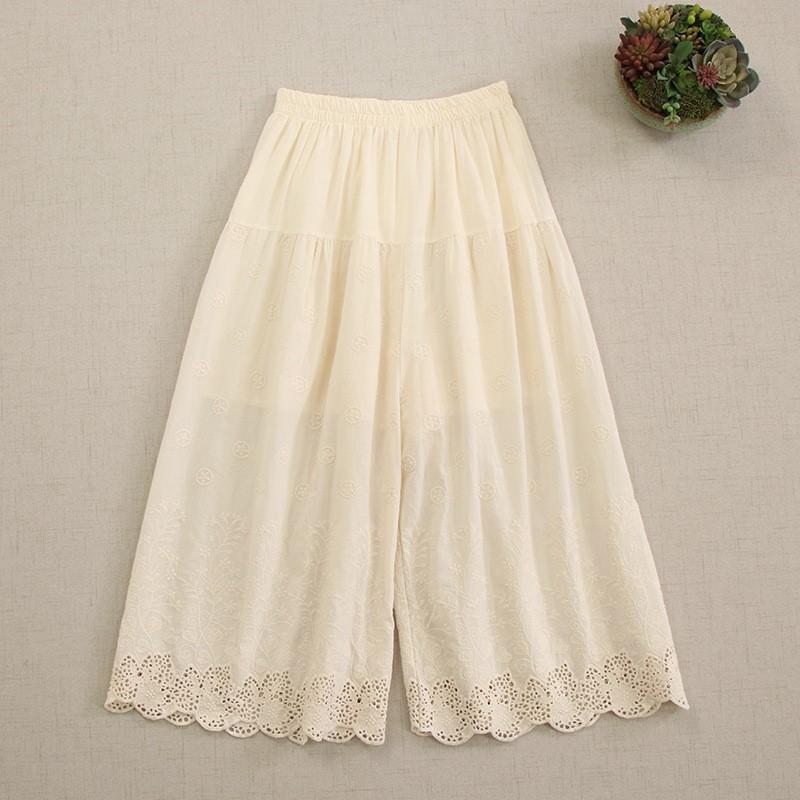 Johnature Spring Summer Sweet Mori Women Solid Color Embroidery Lace Casual Leggings Loose Versatile Lined Wide-leg Pants