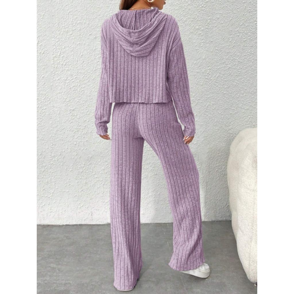 Casual Knitted Long Sleeved Set Women's Hooded Sweatshirt, Loose Pants Two-piece Set