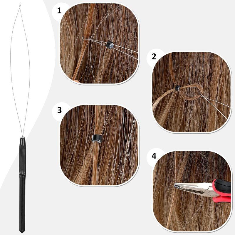 Hair Extension Tools Kit, 500 Silicone Lined Micro Rings, 1 Plier, 2 Hook Needle Pulling Loop,Hair Needle,5 Metal Hair Clips