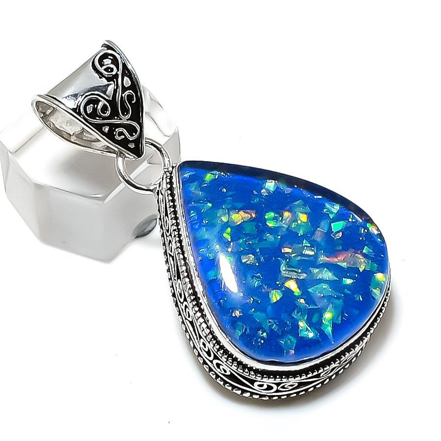 Pendentif en argent sterling 925 fait main avec opale bleue naturelle triplet 1,85" Q1C38