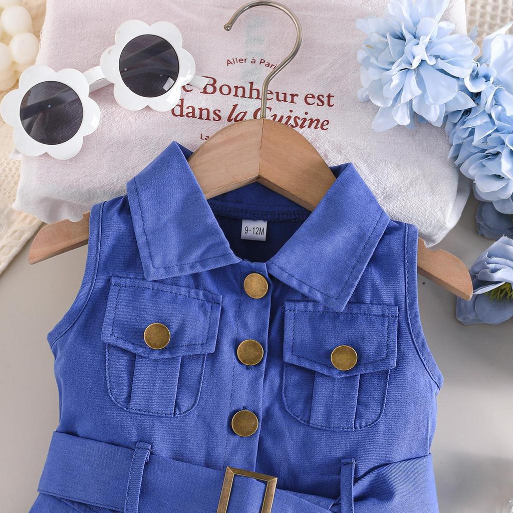 Girls' Solid Color Sleeveless Belted Dress