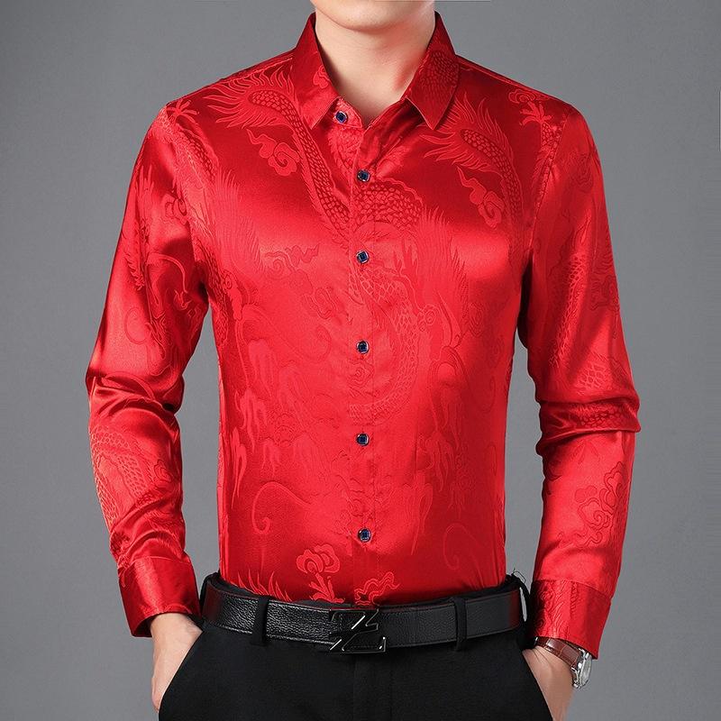 Cămașă de rochie pentru bărbați Cămăși din satin din imitație de mătase Dragon chinezesc Business Formală Bluză cu mânecă lungă Topuri casual