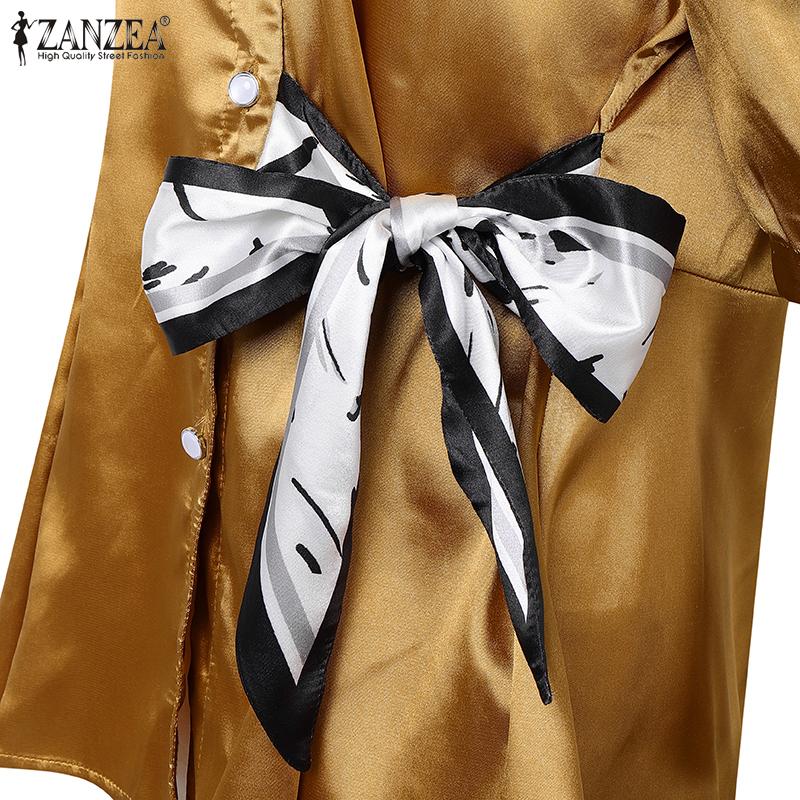 ZANZEA Damska Bluzka Satynowa z Kołnierzykiem i Krótkim Rękawem, Luźna, Casualowa, Patchworkowa