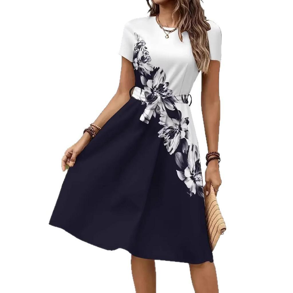 2026 Women's Casual Printed Belted Dress, European & American Summer Bestseller