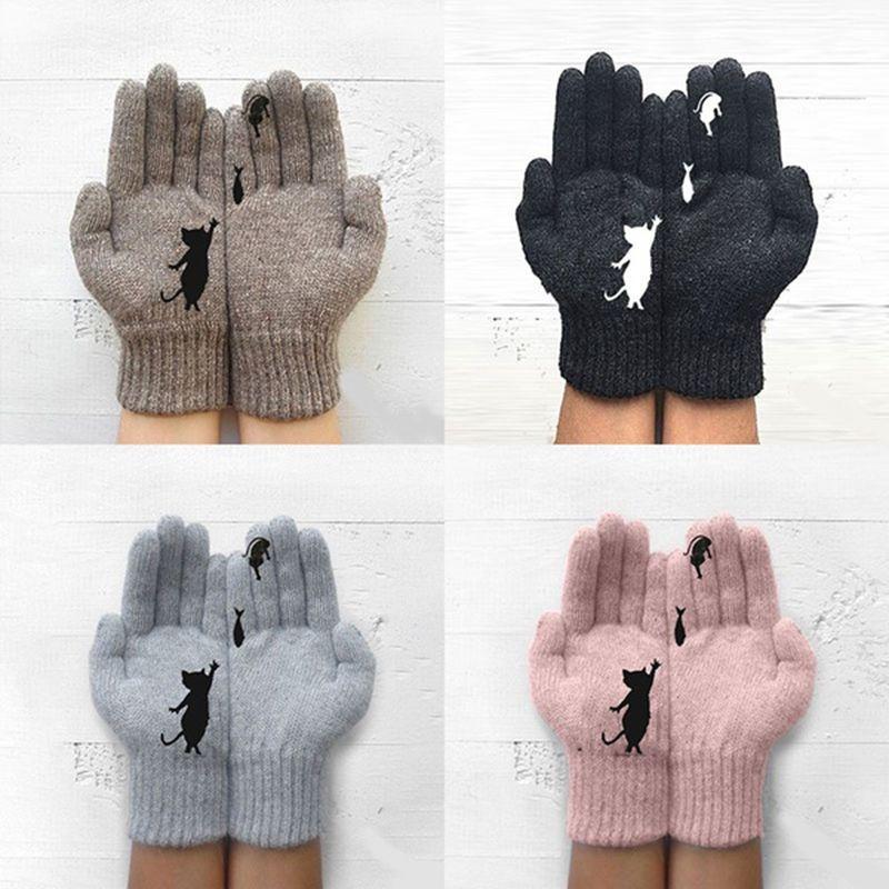 Modă Pisică Femei Și Pește Imprimeu Mănuși Tricotate Iarnă Călduroase Mănuși Complete Degete
