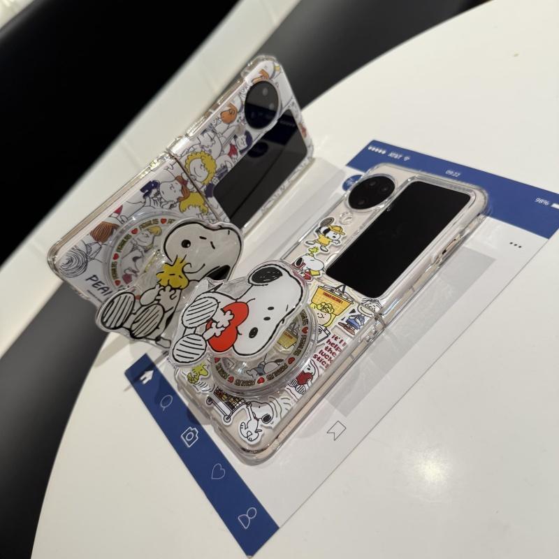 Cartoon Cute Snoopy Charlie friend seat Folding Magsafe Wireless Charge Phone Case For OPPO Find N3Flip N2Flip Magnetic Holder