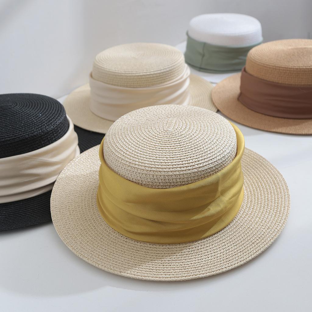 ins flat top straw hat women's summer travel sun protection sun hat elegant British retro socialite vacation sun hat