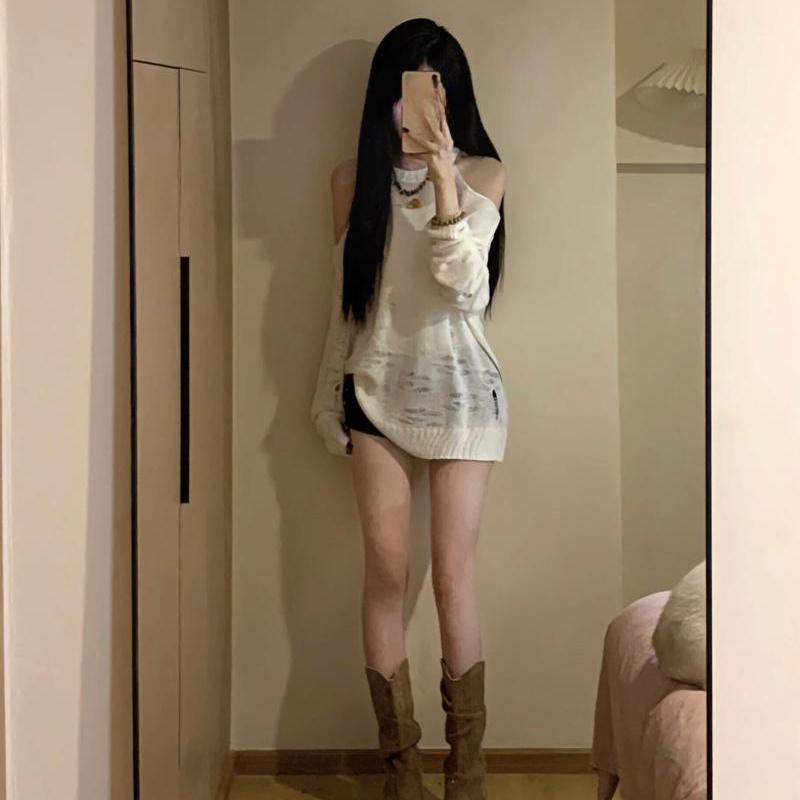 American Spicy Girl White Long Sleeved Hanging Neck Hollow Knitted Cover Shirt for Women's Spring and Summer Loose and Versatile Sun Protection Top