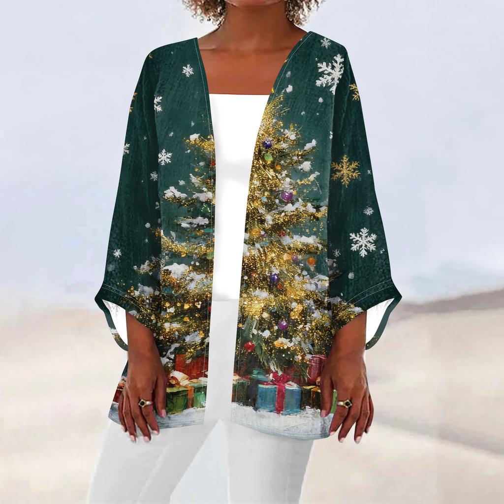 Women's Casual And Fashionable Christmas Printed Lightweight Mid Length Jacket Cardigan