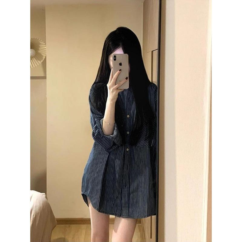 Retro Blue Striped Shirt Women's Spring and Autumn New Loose Casual Shirt Jacket