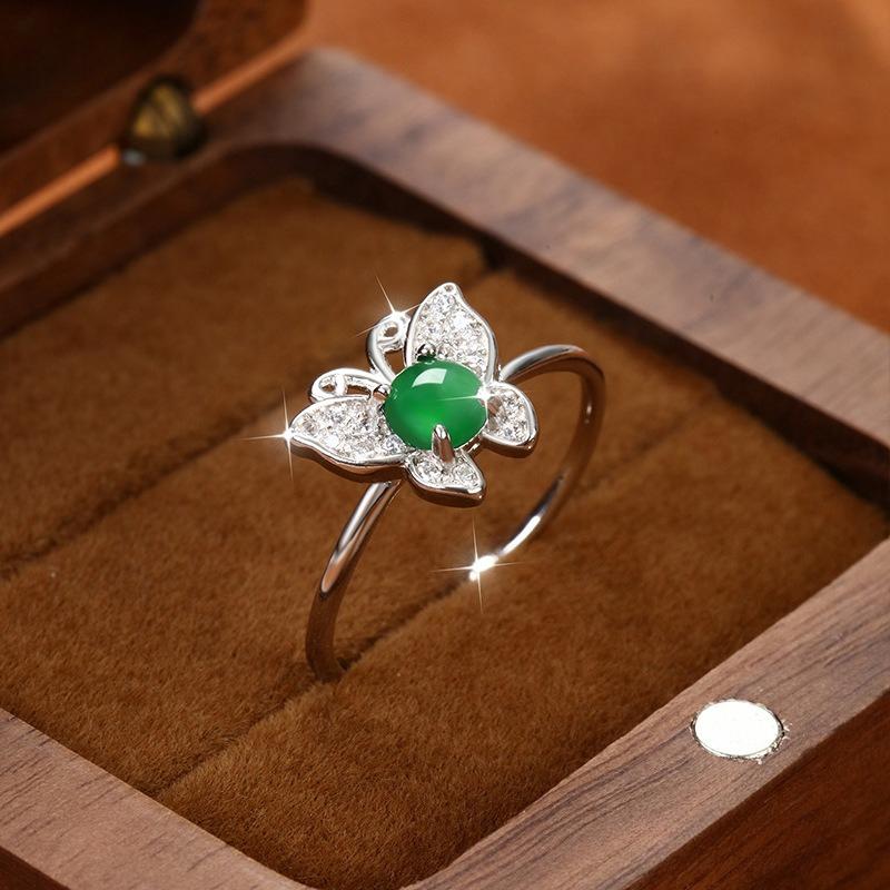 Natural jadeite s925 sterling silver butterfly ring silver inlaid egg surface versatile fashion adjustable ring accessories women's daily jewelry gift