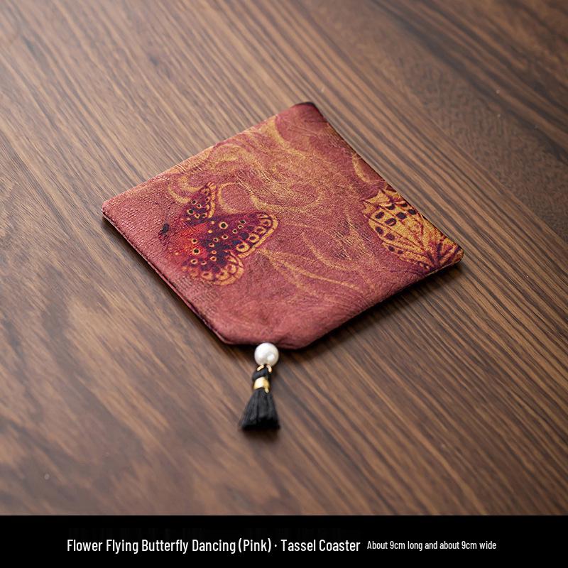 Elegant Chinese Tassel-Fabric Coaster: Waterproof, Anti-Slip, Double-Sided Tea Table Accessory