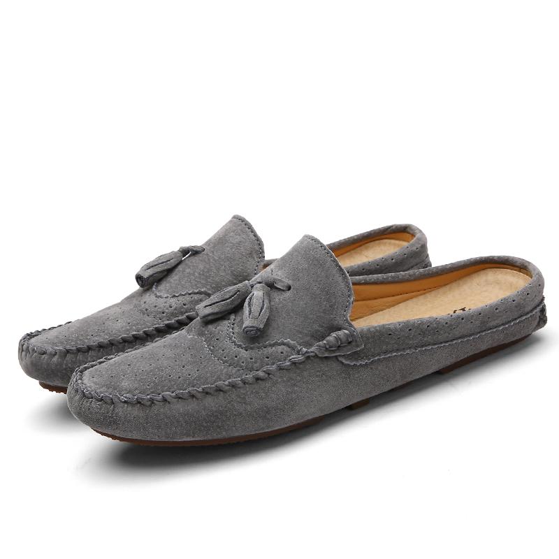 Summer Half Shoes Pig Skin Men Luxury Brand Designer Fashion Slipon Men Lazy Shoes Suede Leather High Quality Slippers Loafers