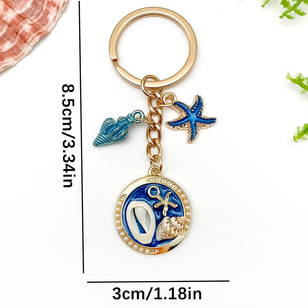 Ocean Drip Keychain: Green Starfish, Conch, Faux Pearl, Round Tag, Alloy Pendant