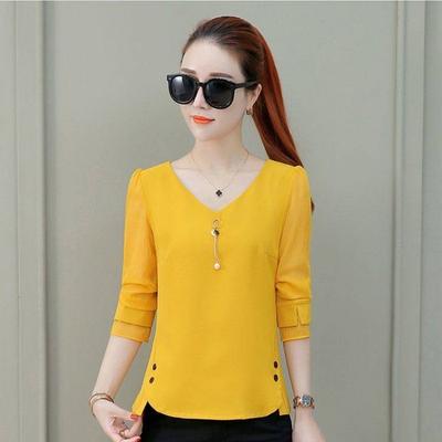 Damen Frühling Herbst Stil Chiffon Blusen Hemden Dame Lässig Langarm V-Ausschnitt Blusas Tops DF1963