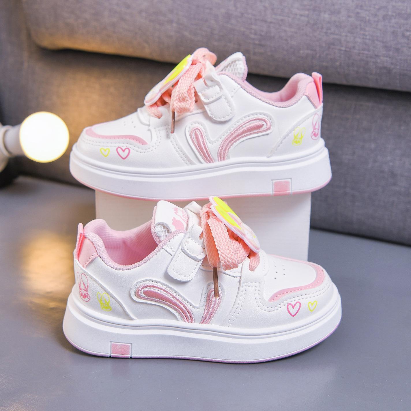 

2026Spring new children s sneakers, leather white shoes, bunny police officer low-top sports shoes, girls casual shoes 32-37One Hand6Double рожевий