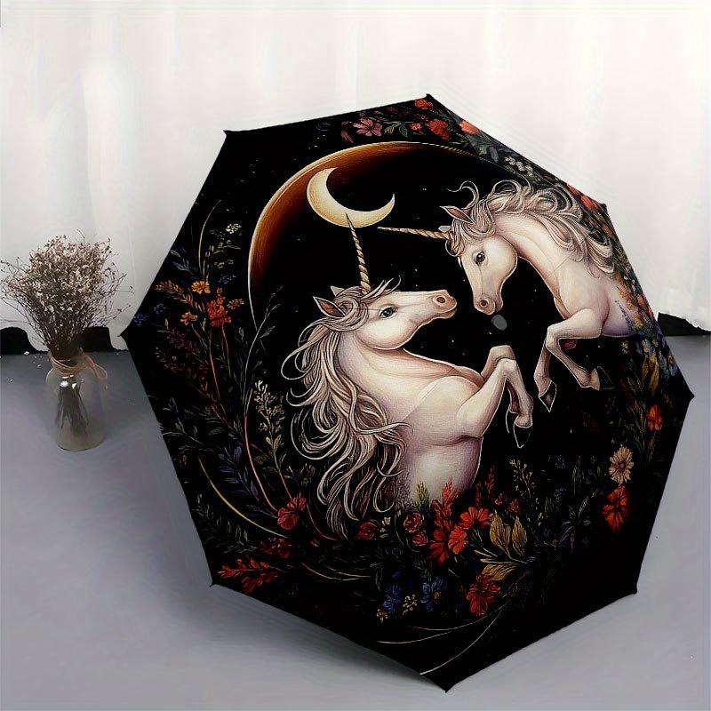 Enchanted Unicorns: A Magical Floral Fantasy Wall Art Print Umbrella, Cute Umbrella with Cute Design, Portable 3-Fold Compact Umbrella for Men & Women