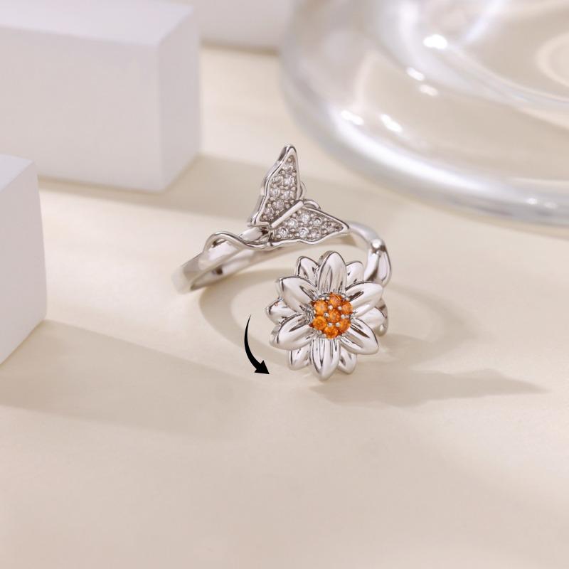Rotatable sunflower butterfly rotating ring women's diamond simple and versatile popular pressure-resistant ring
