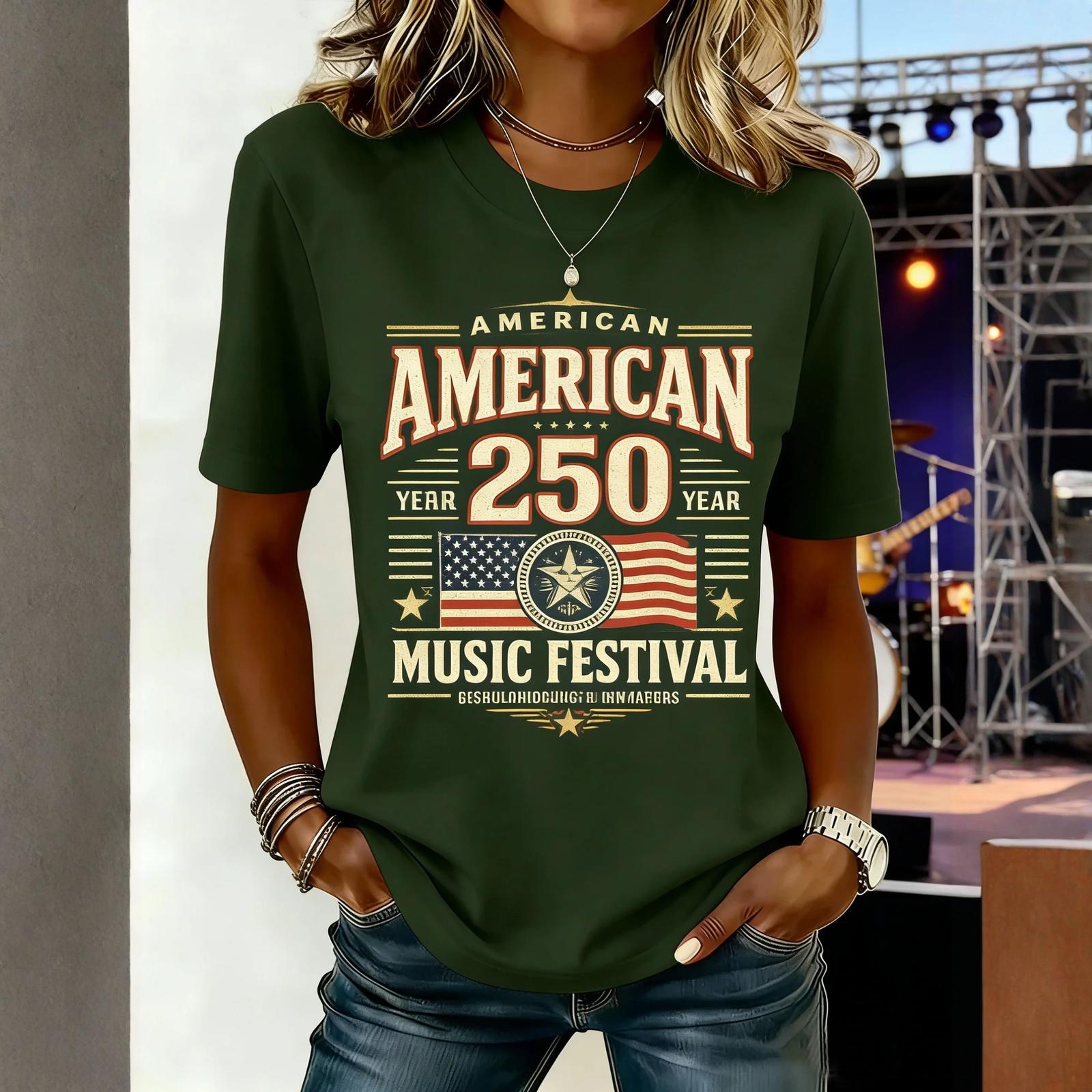 

Short Sleeve Crew Neck T Shirt with USA 250th Birthday Letter Print Flag Patterned Sleeves Casual Fit S зелёный