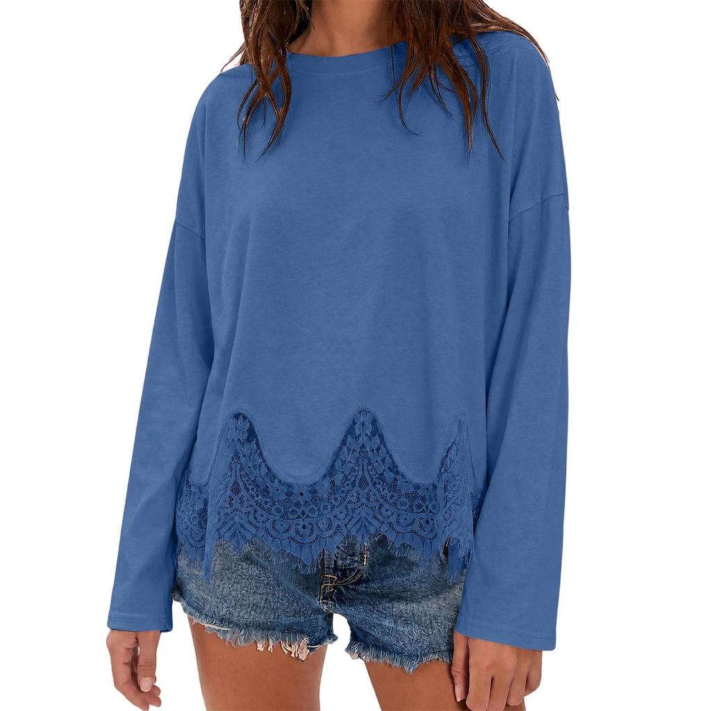 Lace Tops for Women Long Sleeve Crewneck Casual Vacation Boho Tops