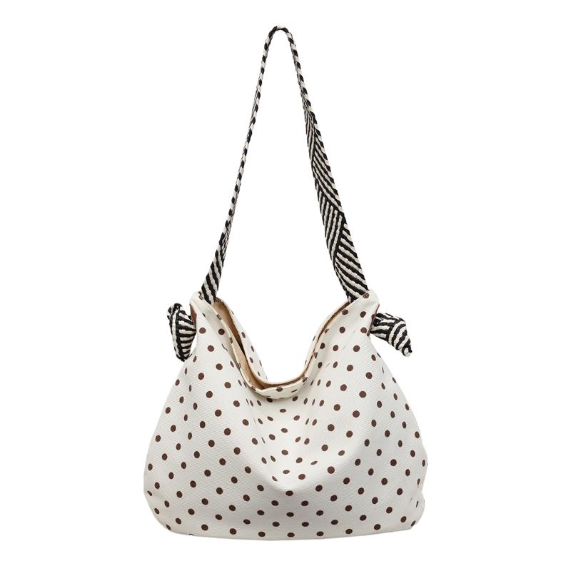 Polka Dot Corduroy Shoulder Bag Casual Hobo Tote with Striped Strap Large Capacity Handbag