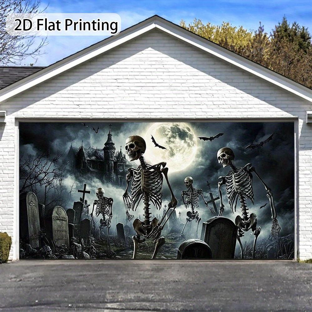 One Halloween garage door decoration - Skull haunted house and Bat cemetery scenezyc