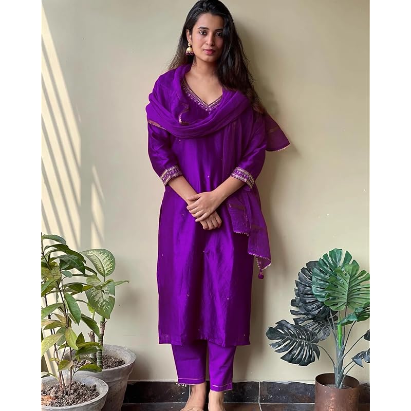 GoSriKi Women s Cotton Blend Kurta with Pant & Dupatta (BAGICHA-Rani-GS_Pink_Medium) 3XL