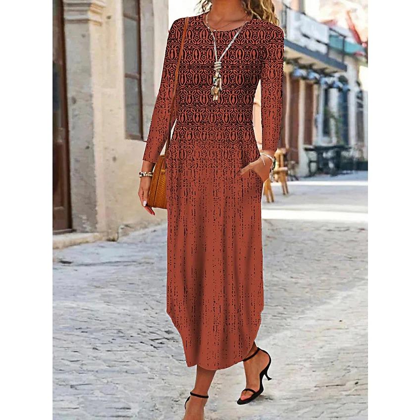GMXIA Women's Crew Neck Pocket Long Sleeve Casual Print Dress