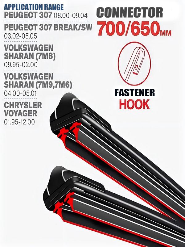 Hook Wiper Blades 700/650mm (28 +26 ) for Peugeot 307, Volkswagen Sharan & Chrysler Voyager чёрный