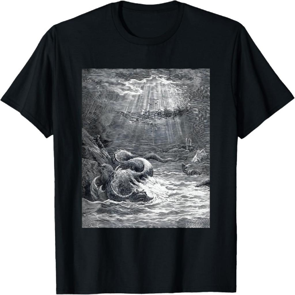 Die Erschaffung von Fischen und Vögeln von Gustave Doré (1868) Unisex T-Shirt - Kunstgeschichte, Vintage, Retro - Schwarz, Klein, Kurzarm